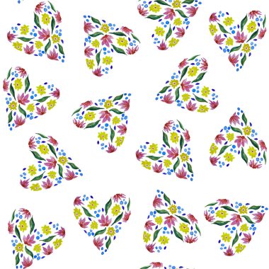 Çiçekli kalpler. Suluboya çiçek ve yaprakların dikişsiz deseni.