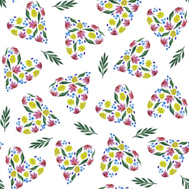 Çiçekli kalpler. Suluboya çiçek ve yaprakların dikişsiz deseni.