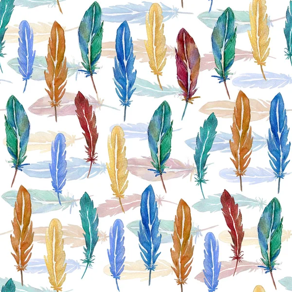 Seamless pattern of colorful watercolor feathers. Hand drawn Stock Image