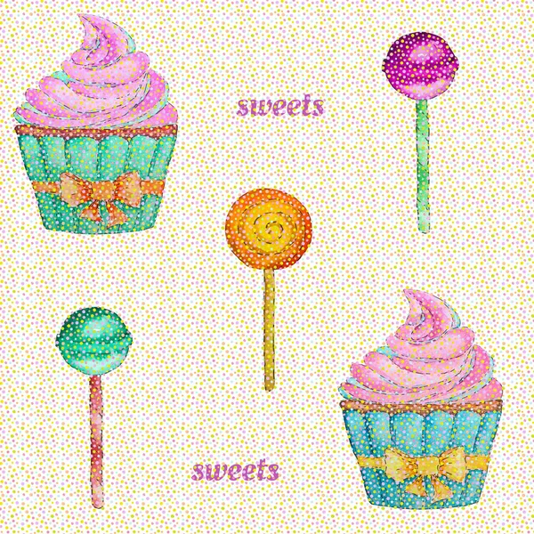 Sweets seamless pattern with cupcake, lollipop and chupa chups.