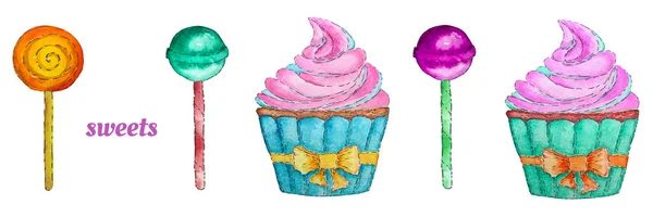 Sweets set with cupcake, lollipop and chupa chups. Royalty Free Stock Images