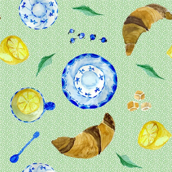Watercolor seamless pattern with tea, croissant and lemon — Stock Photo, Image