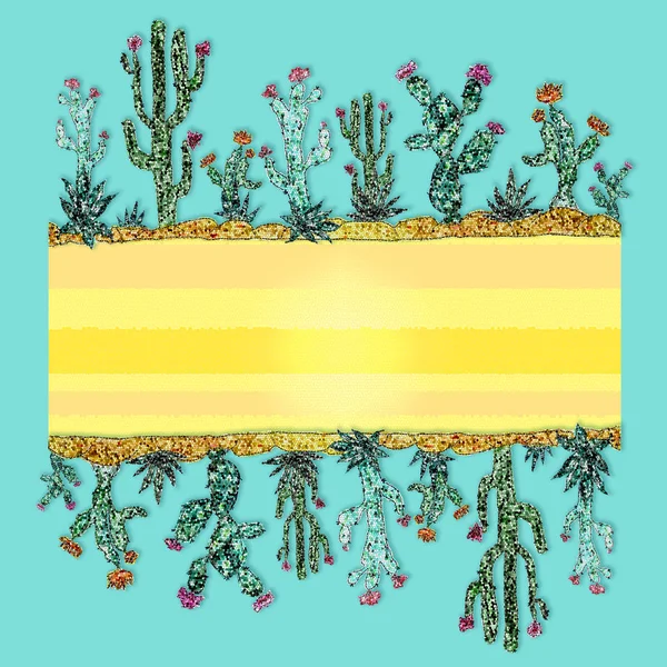 Cadre lumineux de cactus. Style mosaïque. Conception exotique — Photo