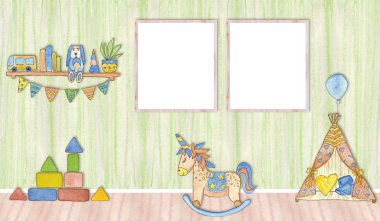 Bebek odasında mockup poster, suluboya illüstrasyon.