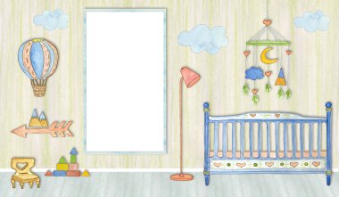 Fotoğraf çerçevesi, suluboya illüstrasyon. Bebek fotoğraf albümü için şablon.