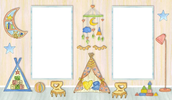 Plakat z makiety w pokoju dziecięcej, ilustracja akwarela. — Zdjęcie stockowe