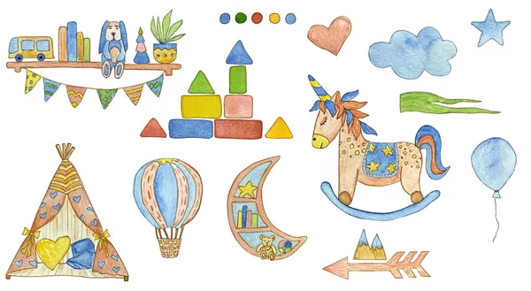 Illustration set with children's watercolor elements. Hand drawn. — Stock Photo, Image