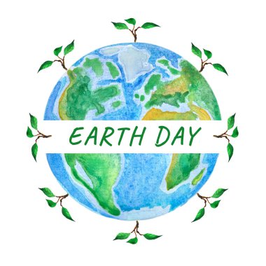 Dünya günü. Ağaç filizi ile Küre, suluboya illüstrasyon