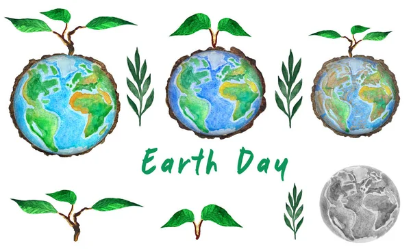 Earth Day. Set av klot och träd gro, akvarell illustration — Stockfoto