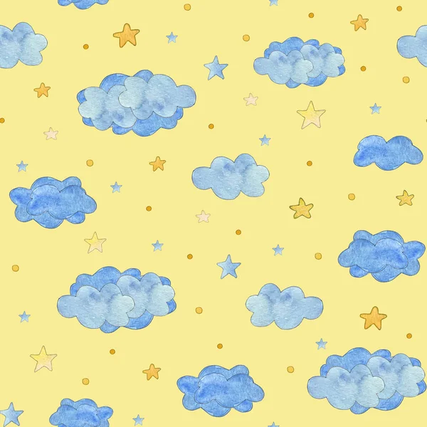 Χωρίς ραφή μοτίβο με μπλε σύννεφα και κίτρινα αστέρια, μωρό φόντο — Φωτογραφία Αρχείου