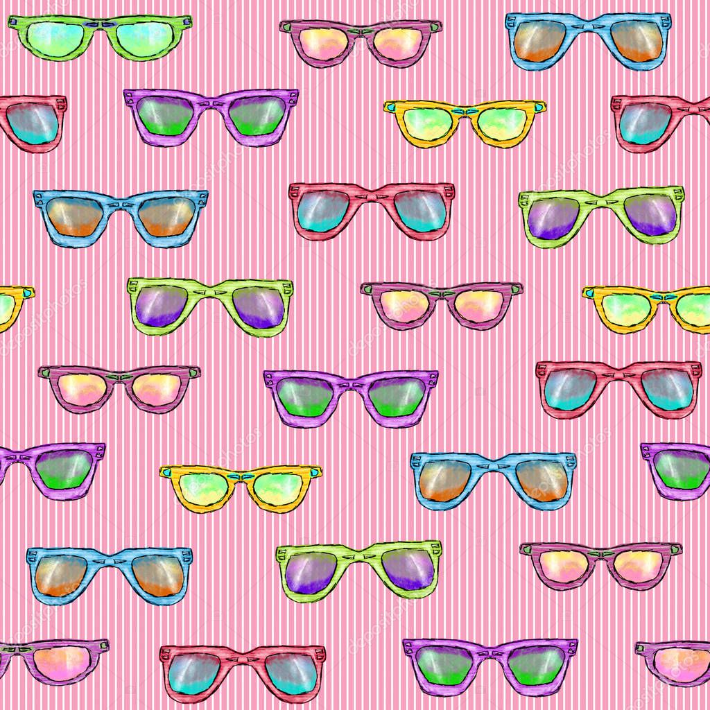 Seamless pattern with glasses on a pink striped background