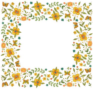 Beyaz arka planda suluboya kare çiçek çerçevesi
