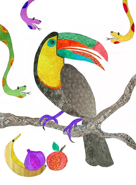 Set of exotic fruits with toucan and boa. Hand drawing, fabric collage.