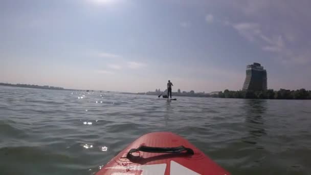 Remar Una Tabla Sup Tablero Sup Fondo Del Sol Amanecer — Vídeo de stock