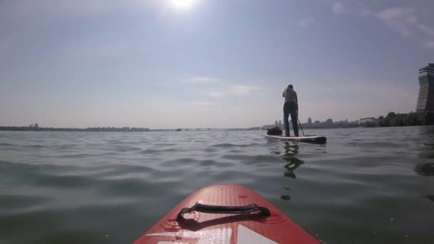 Rudern Auf Einem Surfbrett Sup Board Auf Dem Hintergrund Der — Stockvideo