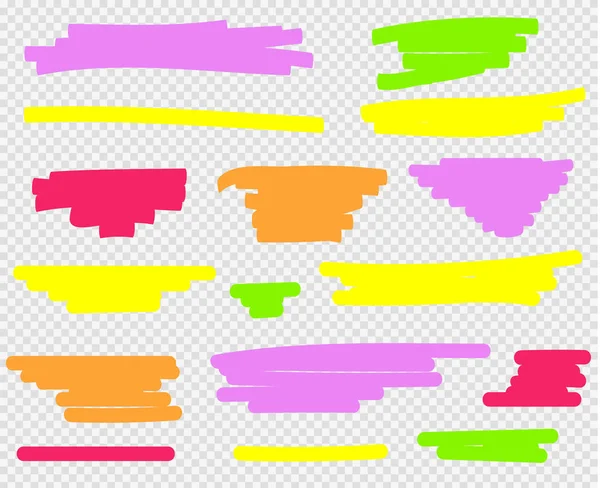 Set de iluminadores de colores. Amarillo, verde, púrpura, rojo y naranja — Vector de stock