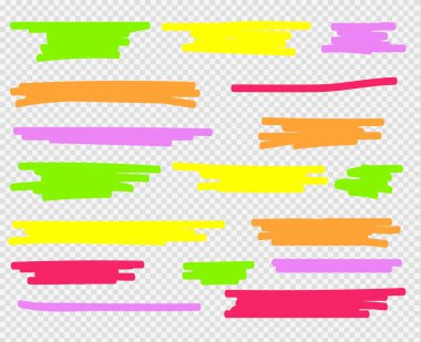 Renkli Fosforlu Kalemler ayarlayın. Sarı, yeşil, mor, kırmızı ve turuncu 