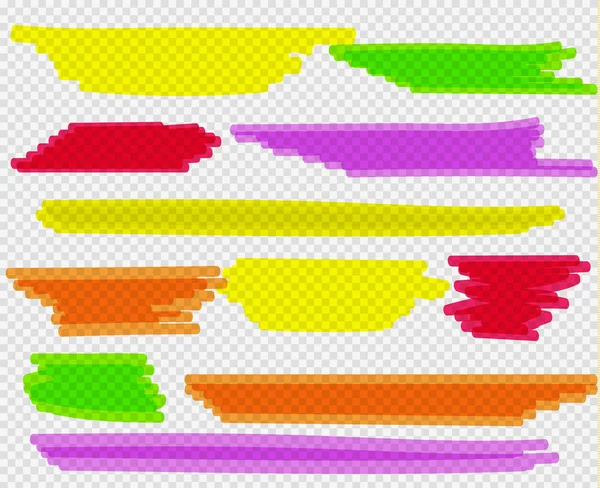 Set de iluminadores de colores. Marcadores amarillos, verdes, morados, rojos y anaranjados — Vector de stock