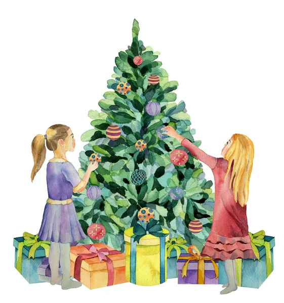 Sulu boya Noel kartı: iki kız topları ile Noel ağacı süsleyin. Ağaç olan Noel Noel etrafında sunar.