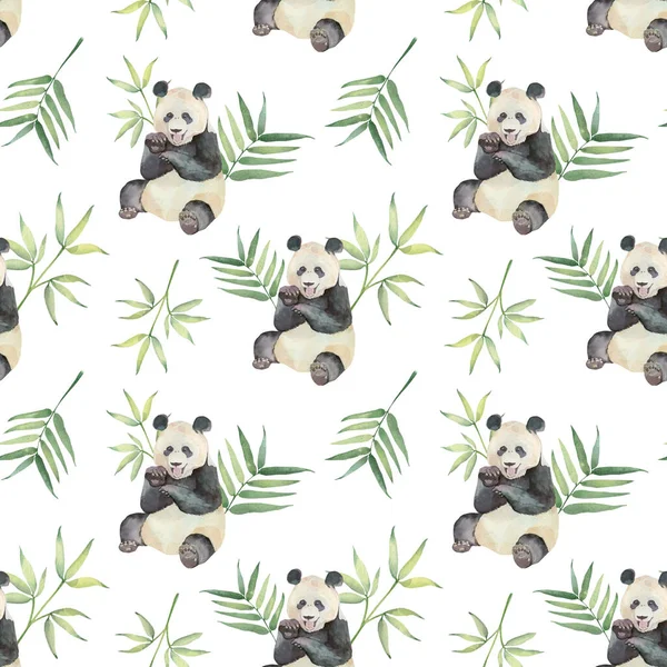 Wzór Bezszwowy Akwarela Pandy Liści Bambusa — Zdjęcie stockowe