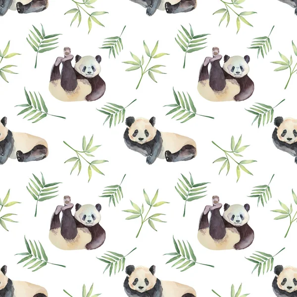 Panda ve bambu yapraklı suluboya desenli.