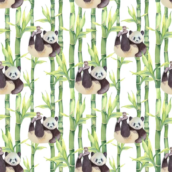 Watercolor seamless pattern with pandas and bamboo leaves