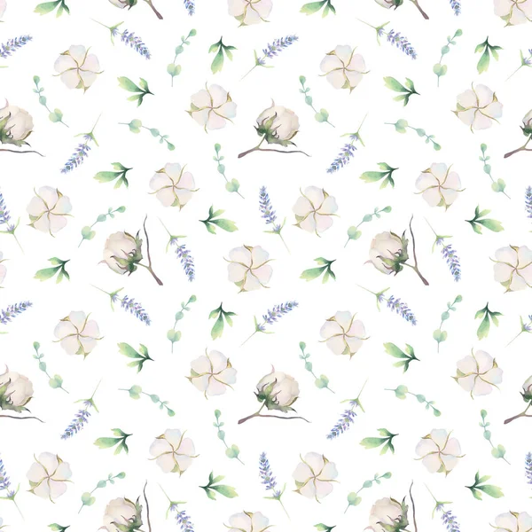 Pamuk, lavanta ve yapraklarla sulu boya deseni