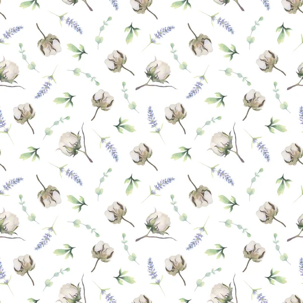 Pamuk, lavanta ve yapraklarla sulu boya deseni