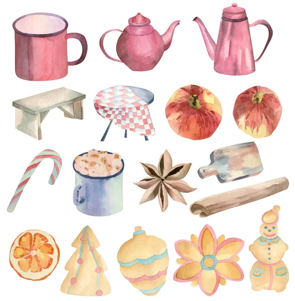 Kışın zencefilli kurabiyeli çay partisi için suluboya elementler.