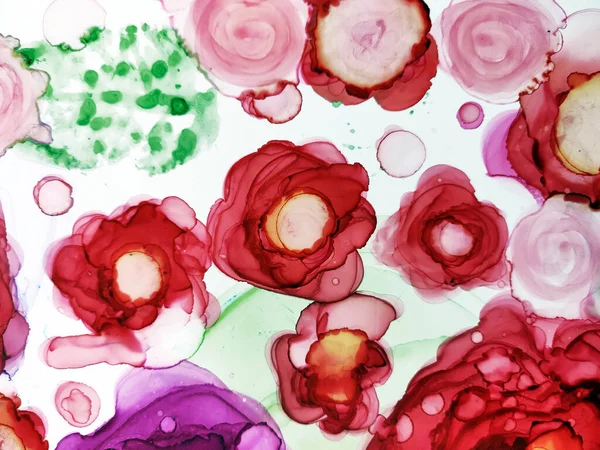 Background for Cards Peony. Pink splash. Alcohol Ink Spots. Delicate splatter. Alcohol Ink Texture Tone. Burgundy Roses Flower. Stains Alcohol ink. Blood color, White Drops.
