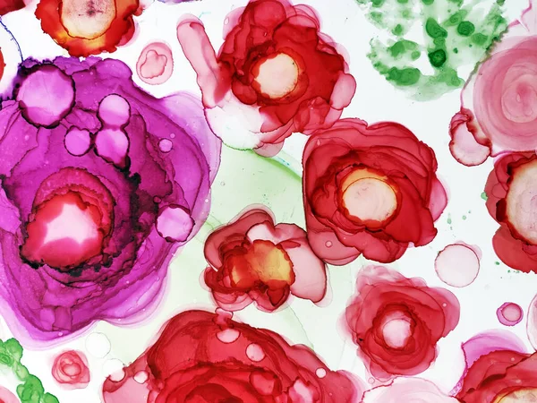 Alcohol Background Peony. Red Blot. Colorful Texture Marble. Magenta color, White Spots. Delicate Fluid. Alcohol Ink Stains. Pink Roses Flower. Pigment Gouache drawn.