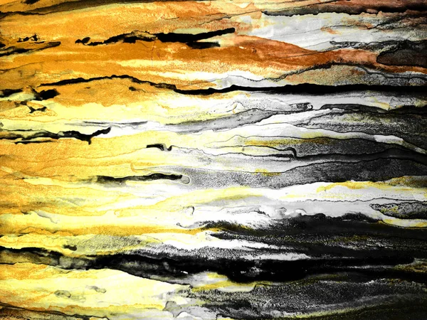 Dye background. Spots Alcohol ink. Grunge Golden. Motley Rusty Liquid. Yellow Dots. Dirty Rainbow Pigment. Shabby Contrast Strips Black Stains. Ink Wash Pastel.