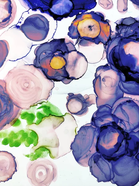 Colorful Texture Peony. Roses Flower. Pigment Watercolor blur. Clear water Fluid. Blue, White Spots. Alcohol Ink Stains. Delicate Alcohol ink. Alcohol Ink Texture print.