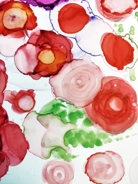 Alcohol Ink Art Peony. Delicate Smearing. Colorful Texture Elements. Crimson Spot. Alcohol Ink Spots. Red Roses Flower. Pigment Gouache drawn. Burgundy color, White Drops.