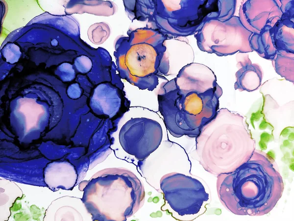 Alcohol Background Peony. Alcohol Ink Streaks. Indigo, White Spots. Blue Abstract background. Sea water Smearing. Delicate Sputter. Roses Flower. Pigment Aquarelle drawn.