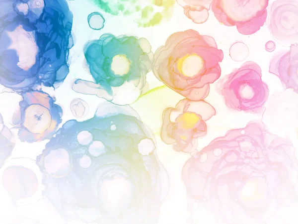 Alcohol Ink Art Peony. Rose, Yellow Flowers. Drops Gouache Blur. Alcohol Illustration pattern. Alcohol Ink Motley Pigment. Delicate Smudges. Rainbow blots. White, Green.