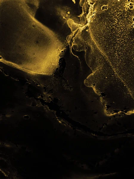 Gold Spray on Black. Fashion Paint. Macro Photo Ink Blur. Wave Golden Pigment. Alcohol Ink Art. Galaxy Watercolor. Black Ink Wash Pastel.