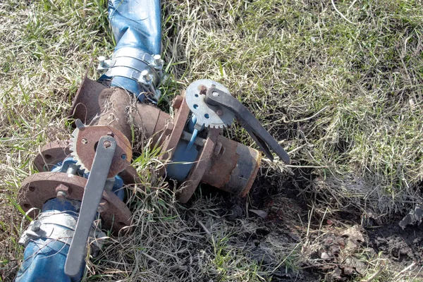 Iron water tap with switches and blue flute.