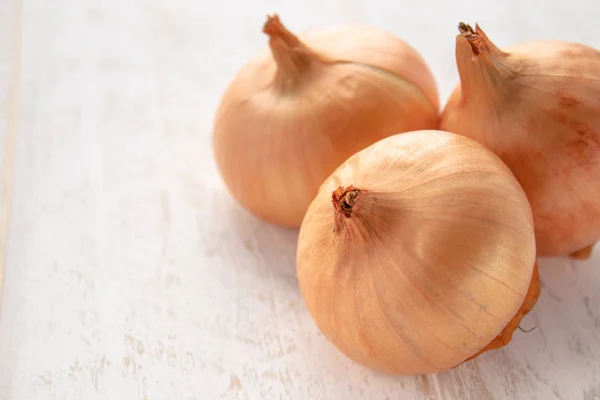 Fresh onion on wooden background. Ripe onions Allium cepa or onions or vegetarian and vegan food.