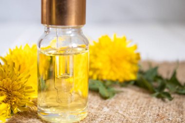 Masada yeşil yaprakları ve karahindiba çiçekleri ile küçük bir cam kavanozda Organik uçucu yağ. Çiçek uçucu yağ.