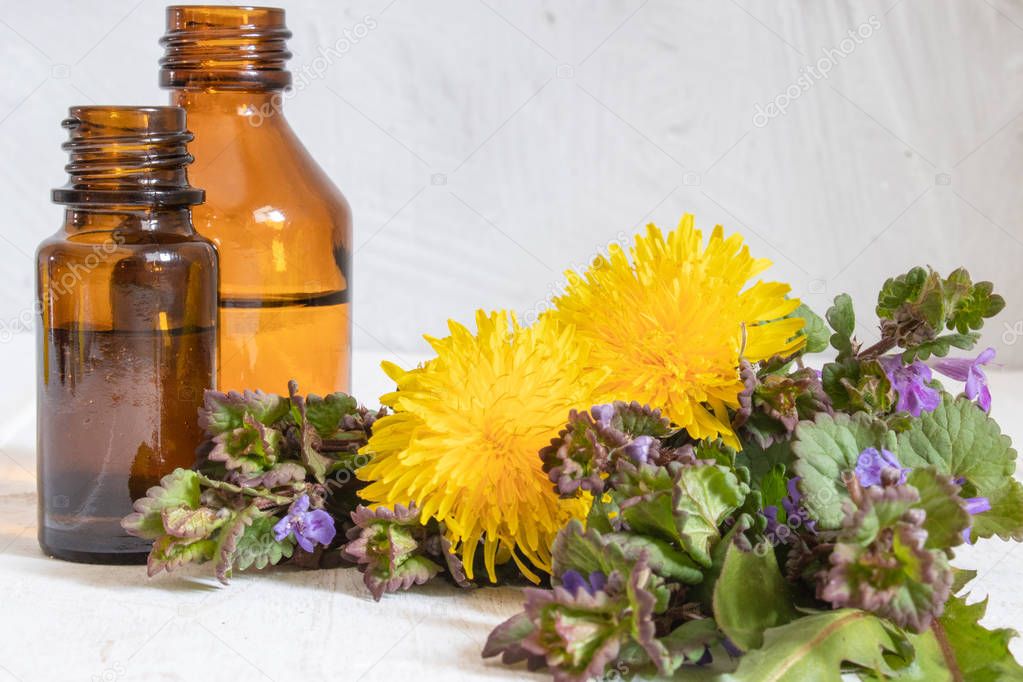 Essential aromatic oil with dandelion flowers on wooden background. Flower essential oil.