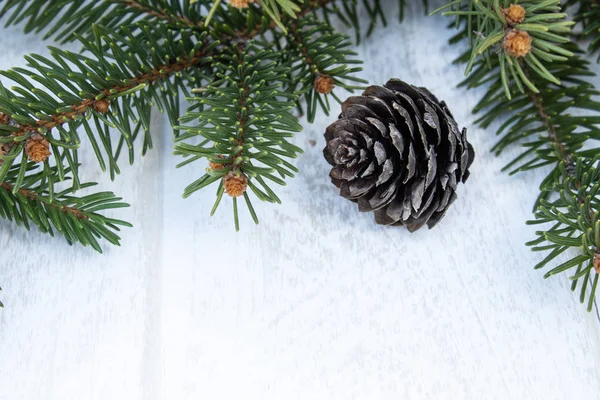 Rami verdi di un albero di Natale e coni su uno sfondo di asse bianco. Vista dall'alto con spazio di copia — Foto Stock