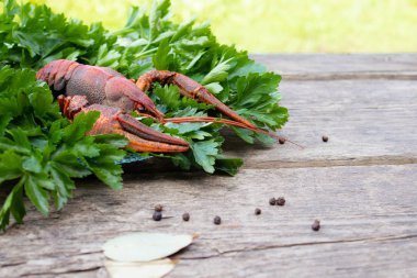 tahta bir tahta ve baharatlar masaya dağınık bir tabak üzerinde otlar ile haşlanmış kerevit