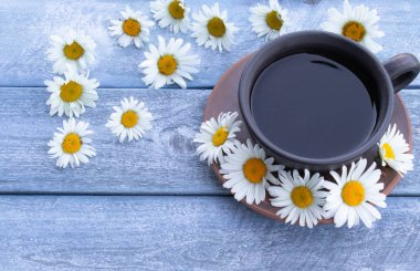 Ahşap mavi arka plan üzerinde papatya çayı ve papatya çiçekleri bir fincan.