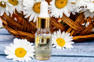 Bir cam şişe papatya esansiyel yağ papatya çiçekleri ile sepet yakınında ahşap panoları üzerinde duruyor.