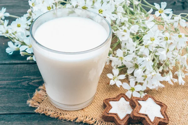 Kurabiye ve beyaz çiçeklerin yanında peçetede bir bardak süt var.. — Stok fotoğraf