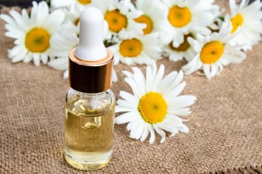 Papatya yakın masada bir cam şişe yakın çekim papatya uçucu yağ.