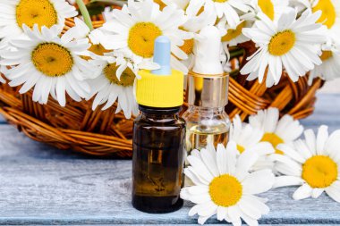 Bir cam şişe papatya esansiyel yağ papatya çiçekleri ile sepet yakınında ahşap panoları üzerinde duruyor.