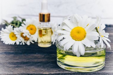 Bir pipet ile cam şişede Papatya uçucu yağ papatya çiçekleri yakınında masada.