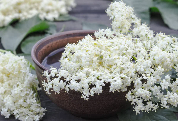 White flowers and leaves of elderberry lie on a bowl on a rustic wooden background.